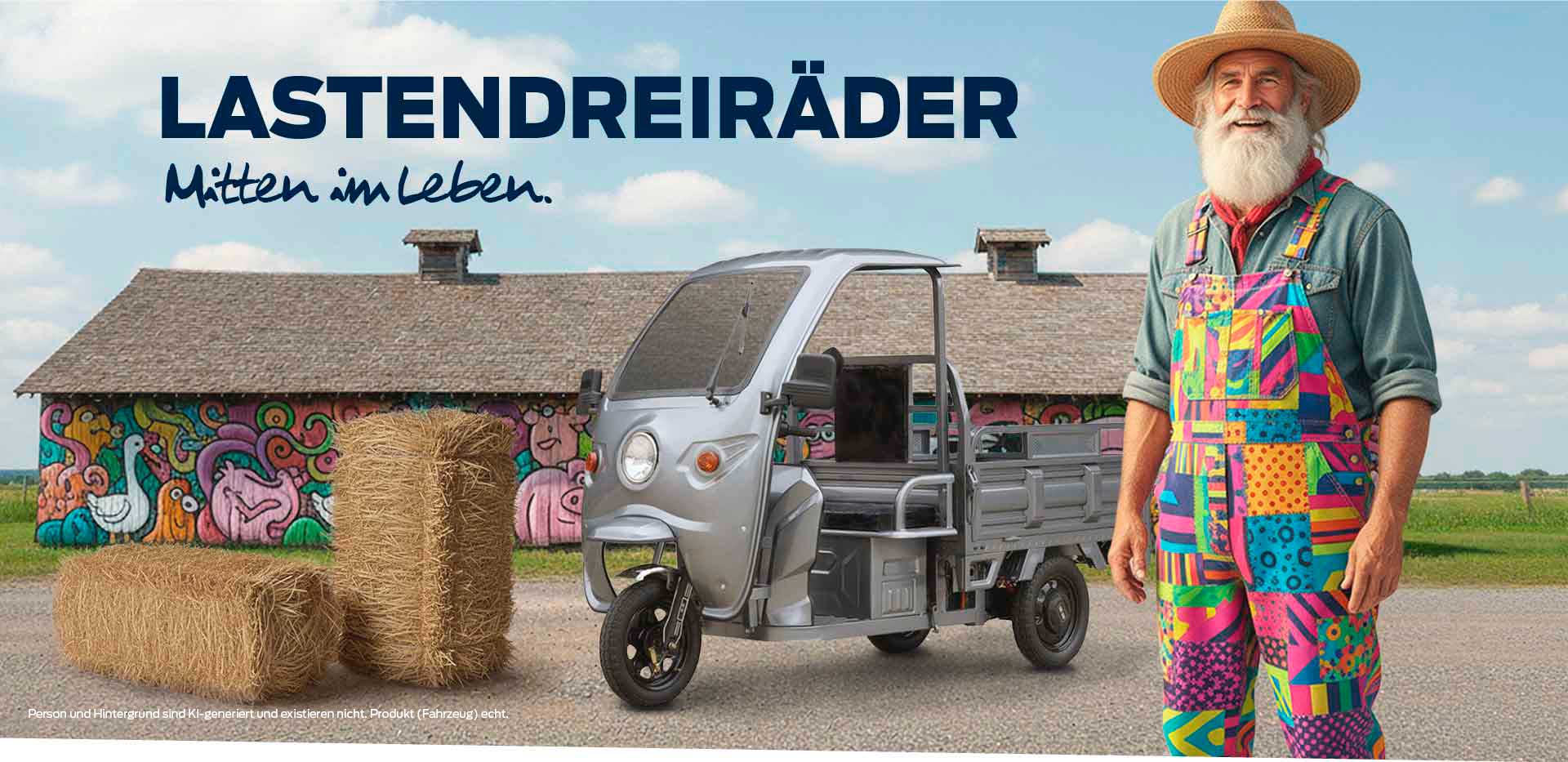 Produkt (Fahrzeug) ist echt - Person und Hintergrund KI-generiert, existieren nicht in der Realität
