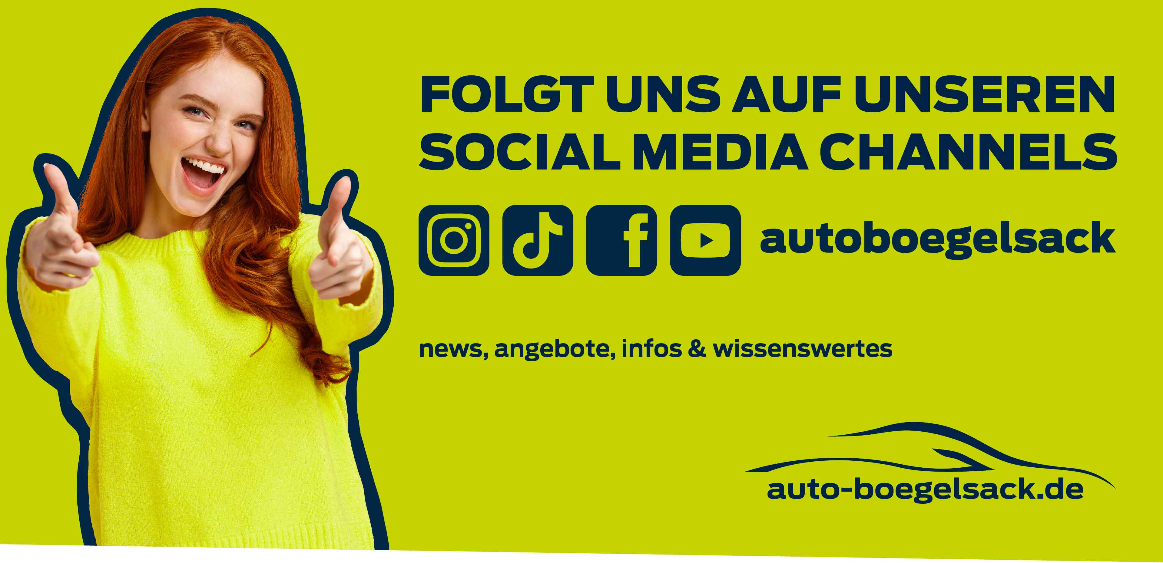 Bild zeigt eine junge Frau mit den Logos von Instagram, Tiktok, Facebook und Youtube. Aufforderung, autoboegelsack auf den Kanälen zu folgen.