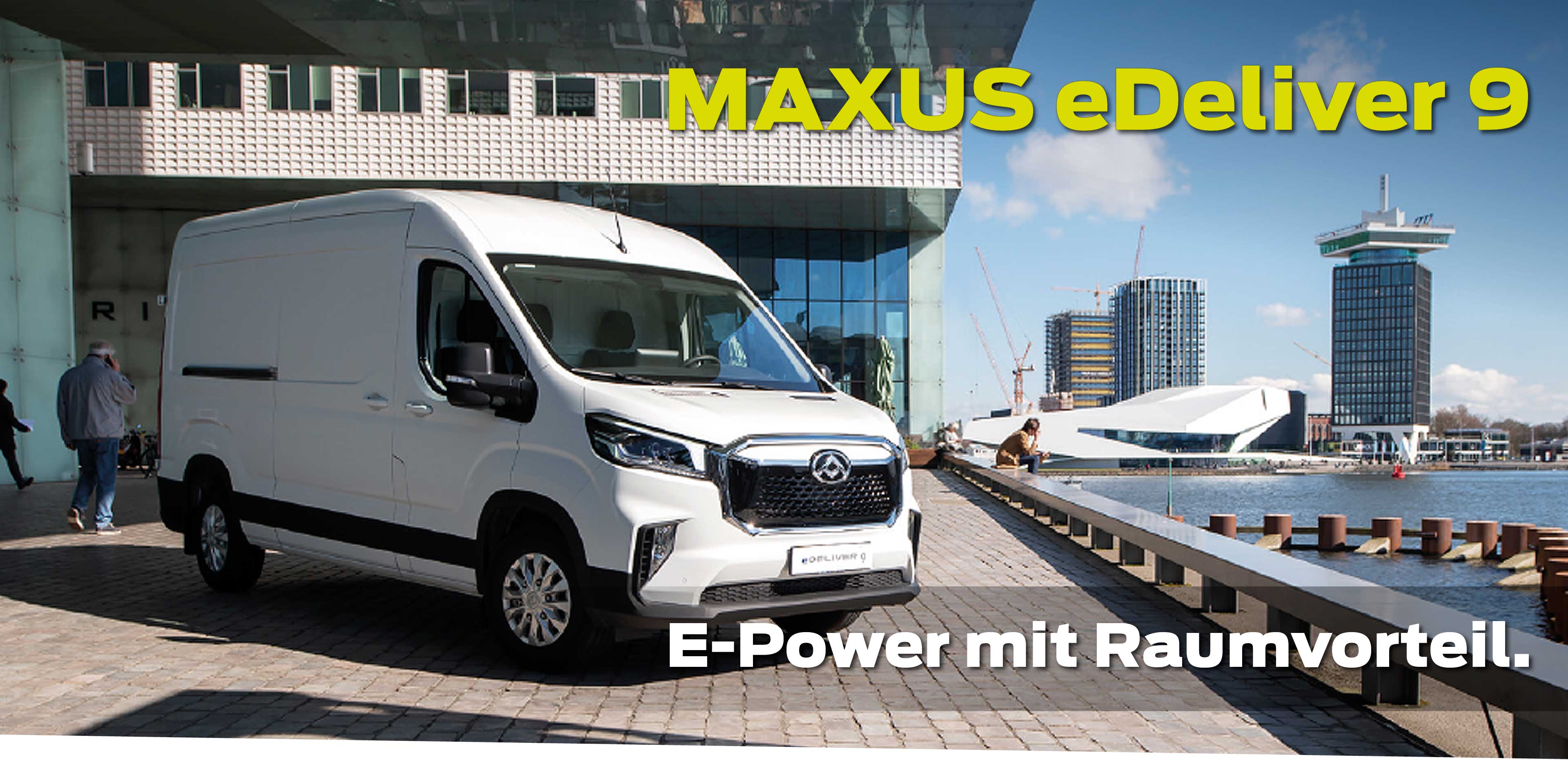 Bild zeigt einen MAXUS eDeliver 9 - ein Elektrotransporter im Einsatz.